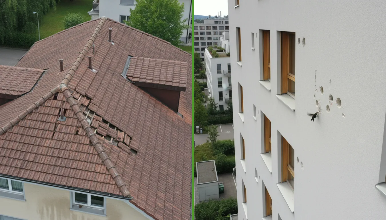 Split-Ansicht: beschädigte Dachziegel links, Spechtschaden an der Fassade rechts