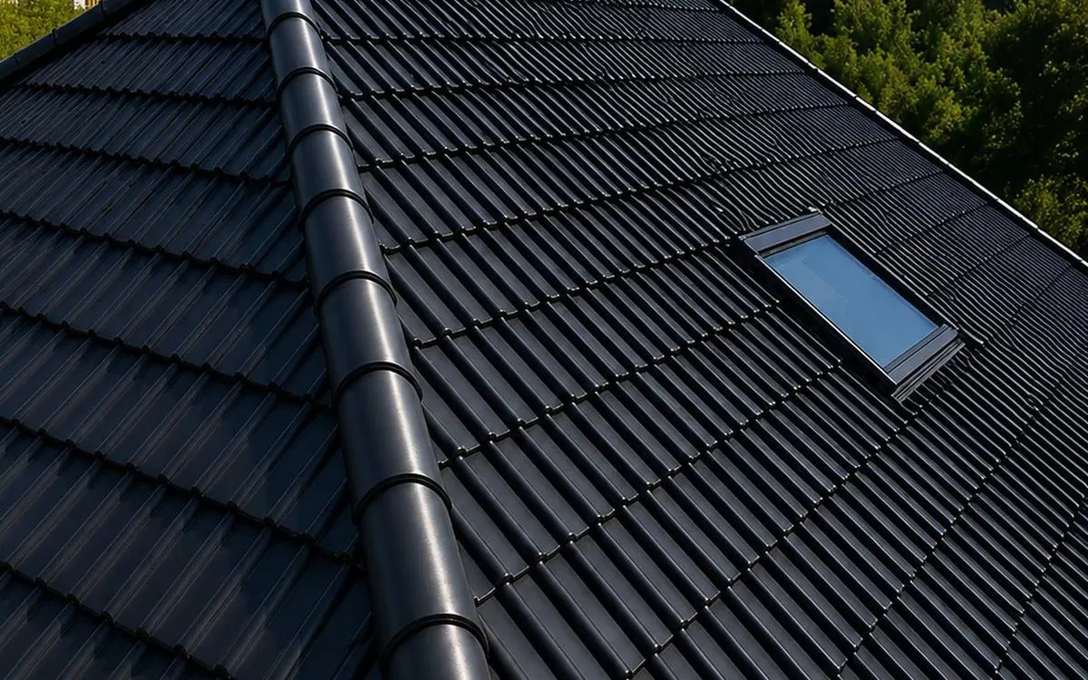Steildach mit anthrazitfarbenen Ziegeln und Dachfenster, schräg von oben aufgenommen