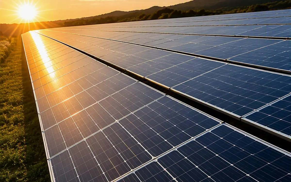 Reihen von Photovoltaikmodulen einer Freiflächenanlage im Gegenlicht der tiefstehenden Sonne
