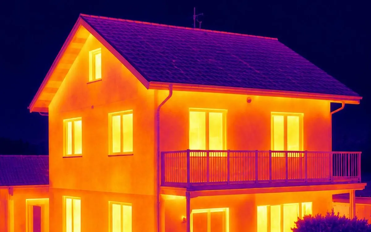 Wärmebildaufnahme eines Einfamilienhauses bei Nacht: Fassade und Fenster leuchten orange, Dach und Wiese bleiben violett